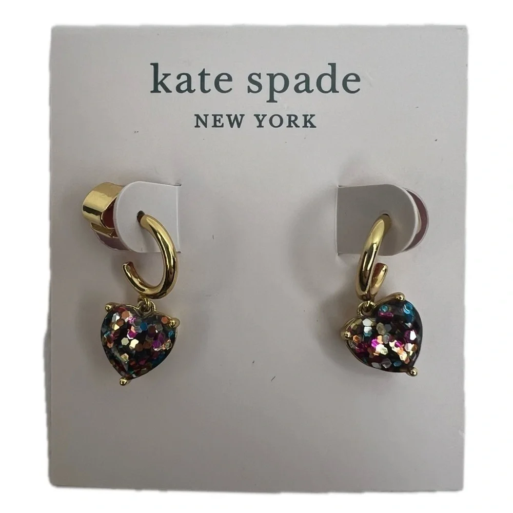 Kate Spade Multi-Glitter Heart Gold Hoops and Studs Matching 2 Hole Earrings Set